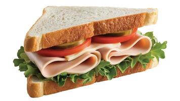 Close up of a sandwich with turkey, lettuce, tomato, and pickle slices on white bread slices photo