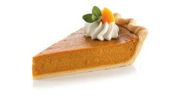 A slice of pumpkin pie with whipped cream and a mint leaf on a white background surface photo