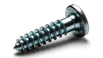 Close up of a shiny metal screw with visible threads and a flat head on white photo