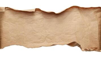 A close up image of a torn piece of brown paper on a white background in horizontal view photo