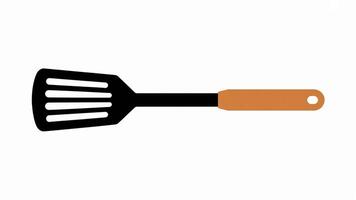 A black slotted spatula with a long handle and a tan grip isolated on a white background photo