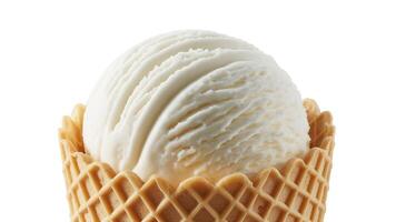 A close up of a single scoop of vanilla ice cream in a waffle cone on white background photo