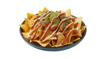 A bowl of nachos with toppings of tomato, cilantro, lime, and drizzled sauces on top photo
