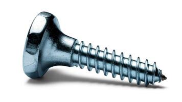 A close up of a single silver screw with a rounded head on a white background photo