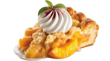 A slice of peach pie topped with whipped cream and mint leaves on a white plate photo
