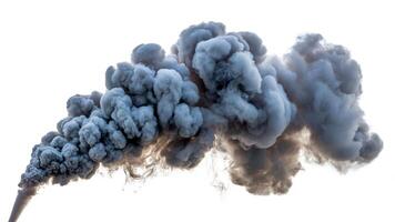 A plume of dark gray smoke rising and billowing against a bright white background image view photo