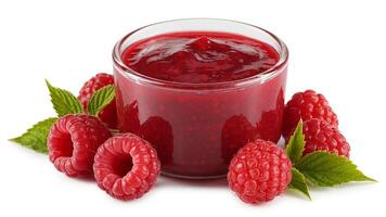 Close up of raspberry jam in a glass bowl surrounded by fresh raspberries and green leaves photo