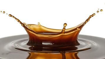 A close up shot of a brown liquid splashing and creating a crown shape on a white background photo