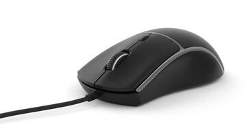Close up shot of a sleek black computer mouse with a cord on a white background photo
