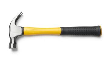 Close up shot of a claw hammer with yellow and black handle on a white background photo