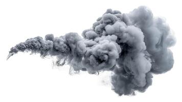 A dramatic plume of gray smoke billowing across a stark white background in studio shot photo