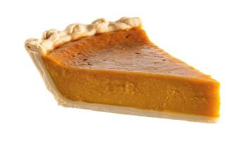 A single slice of pumpkin pie with a flaky crust on a white background isolated photo