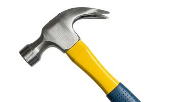 A close up of a hammer with a yellow and blue handle on a white background photo