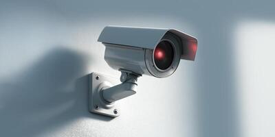 CCTV security camera close-up. A surveillance camera on a white wall background. photo