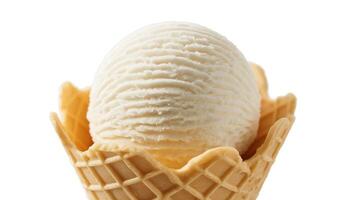 Close up shot of a vanilla ice cream scoop in a waffle cone against a white background photo