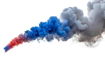 A plume of red blue and gray smoke against a white background creating an abstract effect photo