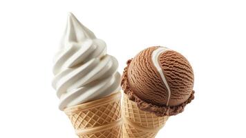 Two ice cream cones one with vanilla soft serve and one with chocolate ice cream photo
