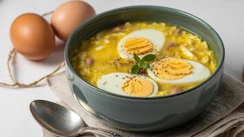 A bowl of egg drop soup with halved boiled eggs and two whole eggs on the side photo