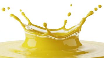 A close up view of a yellow liquid splash resembling a crown on white background photo