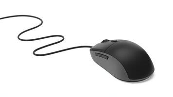 Close up of a wired computer mouse with a black cable on a white background photo