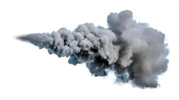 Dense plume of grayish smoke billowing and spreading against a stark white background view photo