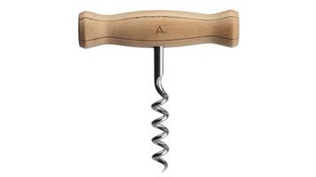 Close up shot of a corkscrew with a wooden handle on a plain white background photo