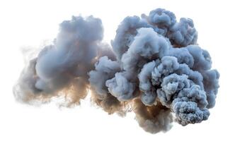 A large plume of gray smoke billowing against a stark white background image view photo