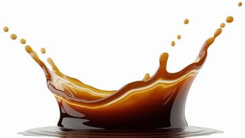 A close up view of a dark brown liquid splash isolated against a white background studio shot photo