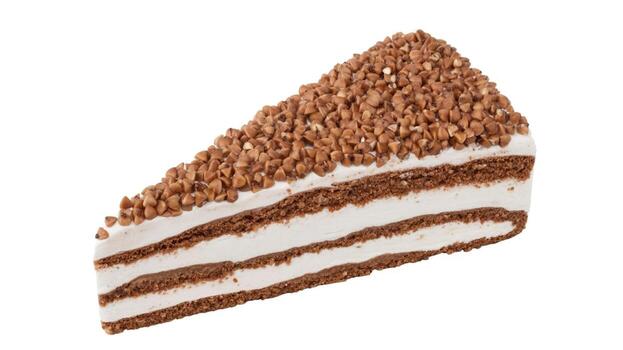 A slice of layered cake with white frosting and brown topping on a white background view photo