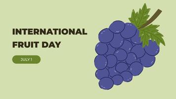 Horizontal minimalistic banner for International Fruit Day with grape cartoon clipart. Simple holiday illustration in trendy pastel colors for poster, website background, social media with grapevine. vector