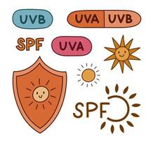 Lovely vivid outline set with SPF protection symbols. Childish hand drawn doodle with shield with sun, bubbles with UVA and UVB signs for sunblock, sunscreen product isolated on background. vector