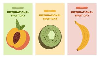 Vertical trendy set of stories for International Fruit Day with colorful cartoon clipart with summery vegan fruits. Greeting concept banner in pastel colors with kiwi, peach, bananas for social media. vector