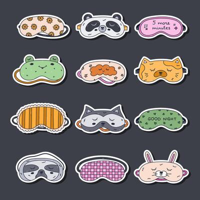 Big colourful doodle sticker set with sleeping mask for planners, notebooks. Ready for print list of childish and feminine eye mask with pet head, geometric and abstract ornament. Bedtime accessory.