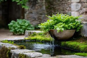 Water flowing from a stone pot with maidenhair fern into a small pond in a peaceful garden photo