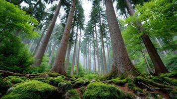 Majestic conifers growing in a misty forest with green moss photo