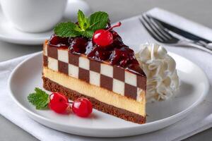 Checkerboard cheesecake with cherries mint and whipped cream topping photo
