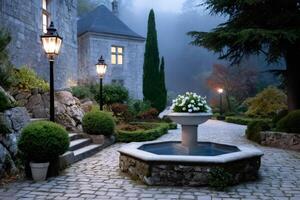 Cobblestone courtyard with fountain and street lamps illuminating foggy garden at dusk photo