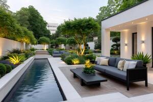 Modern garden with lap pool, sofa and illuminated plants at dusk photo