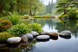 Tranquil scene with stepping stones, plants, and moss in a serene Japanese garden photo
