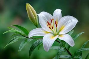 White lily flower blooming in spring with water drops photo