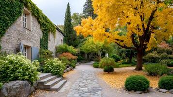Stone house with ivy and golden autumn tree in peaceful garden photo