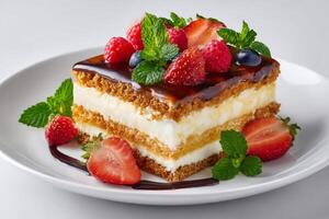 Delicious cake with chocolate topping, cream and fresh berries is waiting on white plate photo