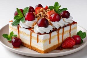 Delicious cake with whipped cream, cherries, strawberries, walnuts and caramel sauce is waiting for you photo