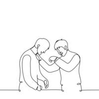 men laughing together, one put his hand on the other's shoulder- one line art . concept laughing together, same sense of humor, wit and jokes vector