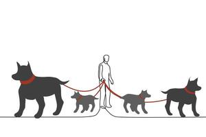 man standing with group of dogs on long collars - one line art . concept owner of fighting dogs, metaphor hell hounds - cerberus vector