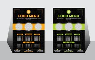Stylish Restaurant Food Menu Design with Vibrant Colors, showcasing Burgers, Beverages, Pizza, and Juices, creating an Appetising Mood vector