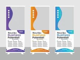 Modern Tri-Fold Retractable Banner Design for Unleashing Business Potential with Vibrant Gradient Colors and Professional Layout vector