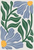 Vertical flat Illustration inspired by Henri Matisses cut out style, featuring vintage abstract blue flowers and green leaves, hand drawn and arranged on a gray background. vector