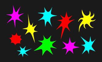 Collection of abstract colorful splashes and ink blots in various shapes and sizes, hand drawn and isolated on a black background. vector
