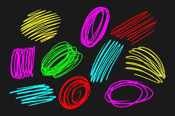 Collection of simple hand drawn colorful pencil scribbles on black background, messy strokes, and lines for creative backgrounds, textures, or artistic compositions.